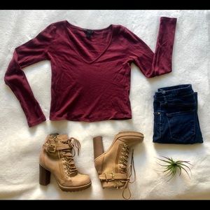 Forever 21 Long Sleeve V-neck Tee in Burgundy